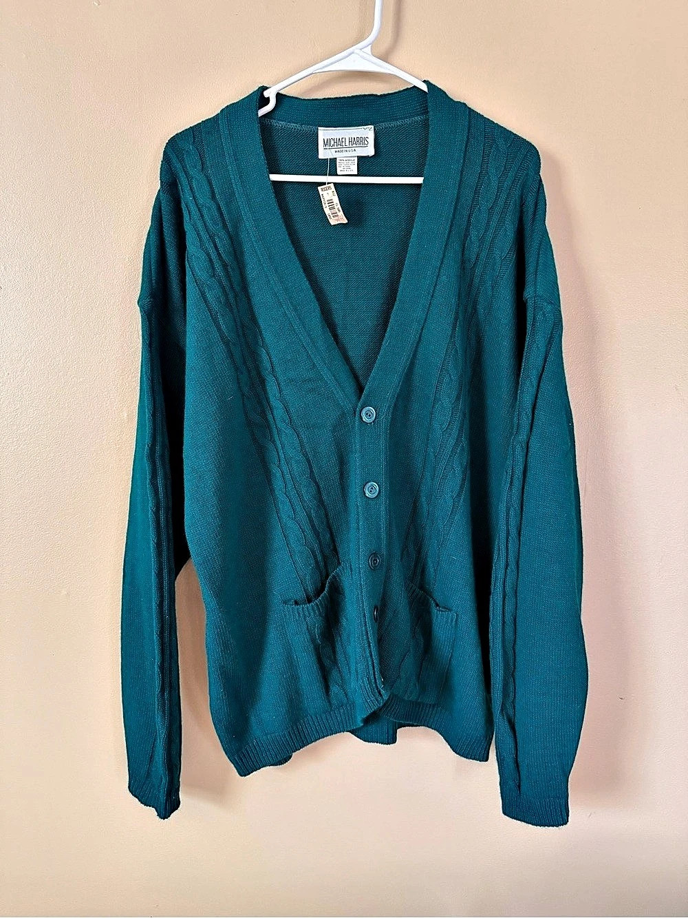 Vintage Michael Harris Teal Cable Knit Cardigan Sweater NWT Made in USA